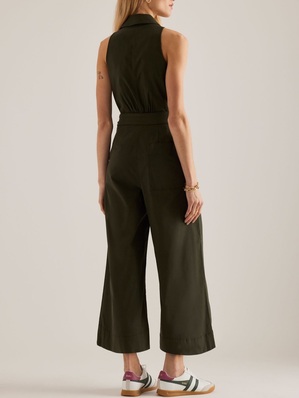 Maeve Olive Green Sleeveless Button-Front Jumpsuit with Waist Tie - Picture 4 of 4